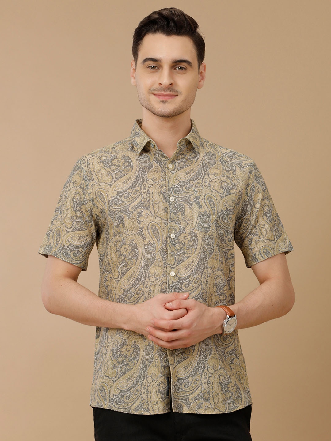 

Linen Club Men Contemporary Slim Fit Ethnic Printed Linen Casual Shirt, Green