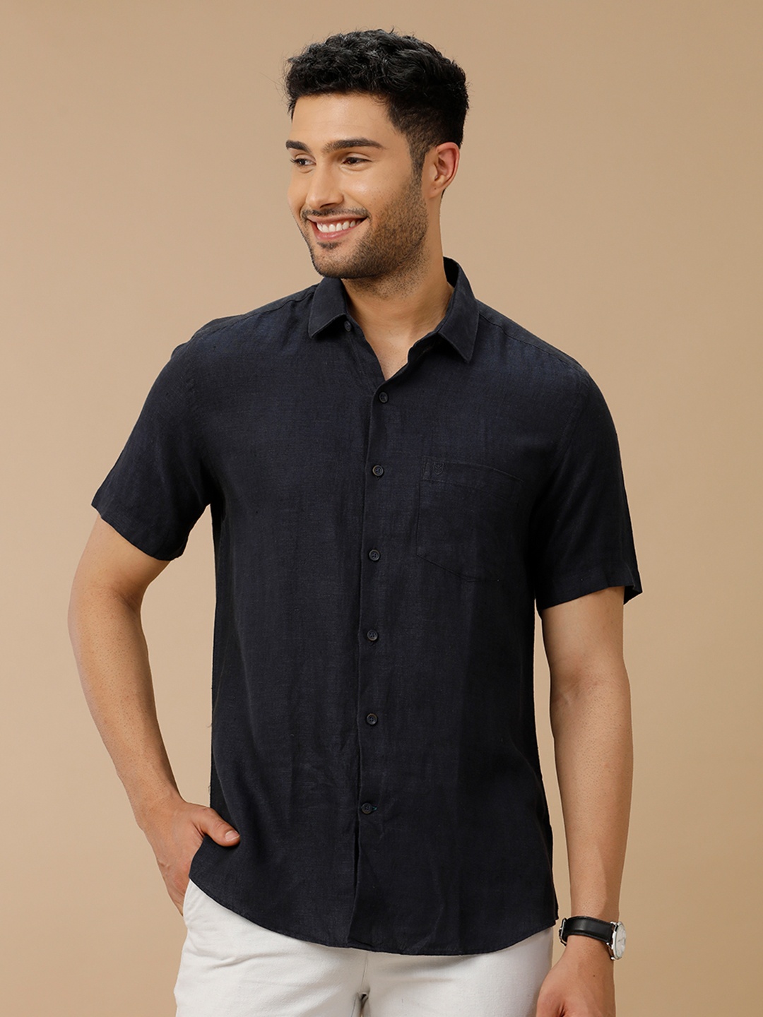 

Linen Club Men Contemporary Slim Fit Solid Opaque Linen Shirt, Black