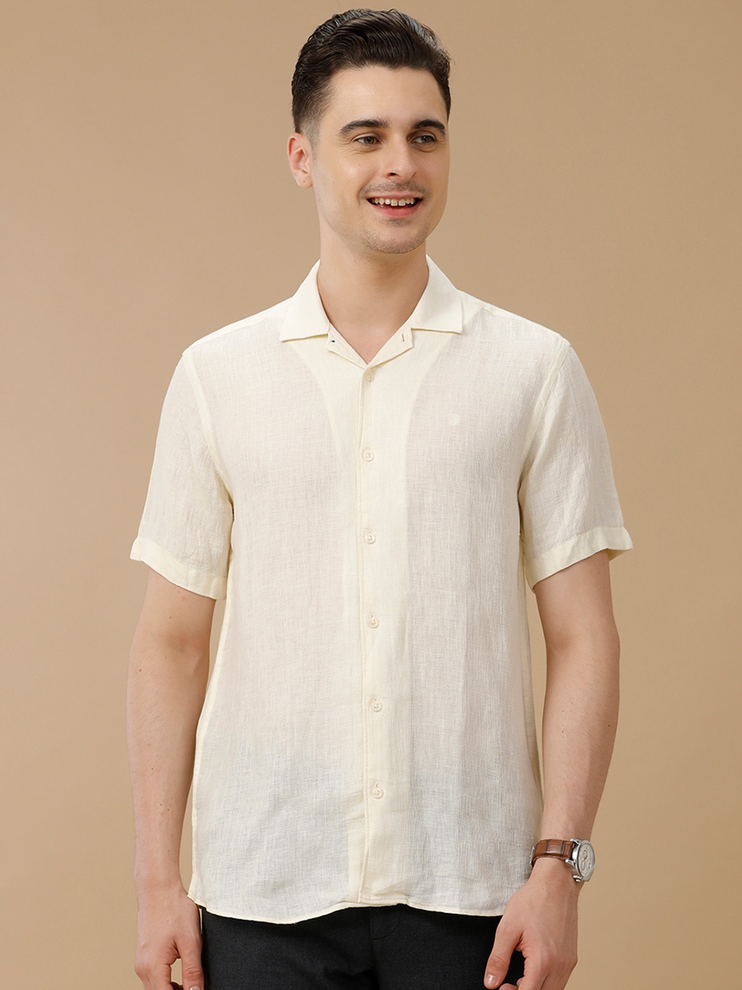 

Linen Club Men Contemporary Slim Fit Solid Opaque Linen Casual Shirt, Cream