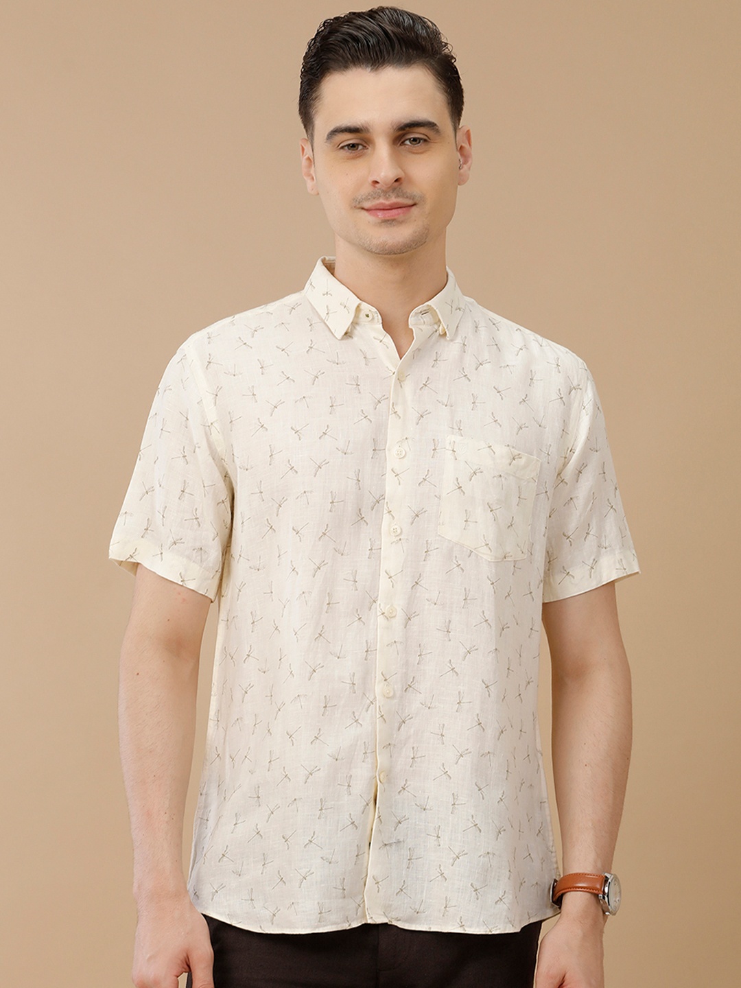 

Linen Club Men Contemporary Slim Fit Opaque Printed Casual Shirt, Off white