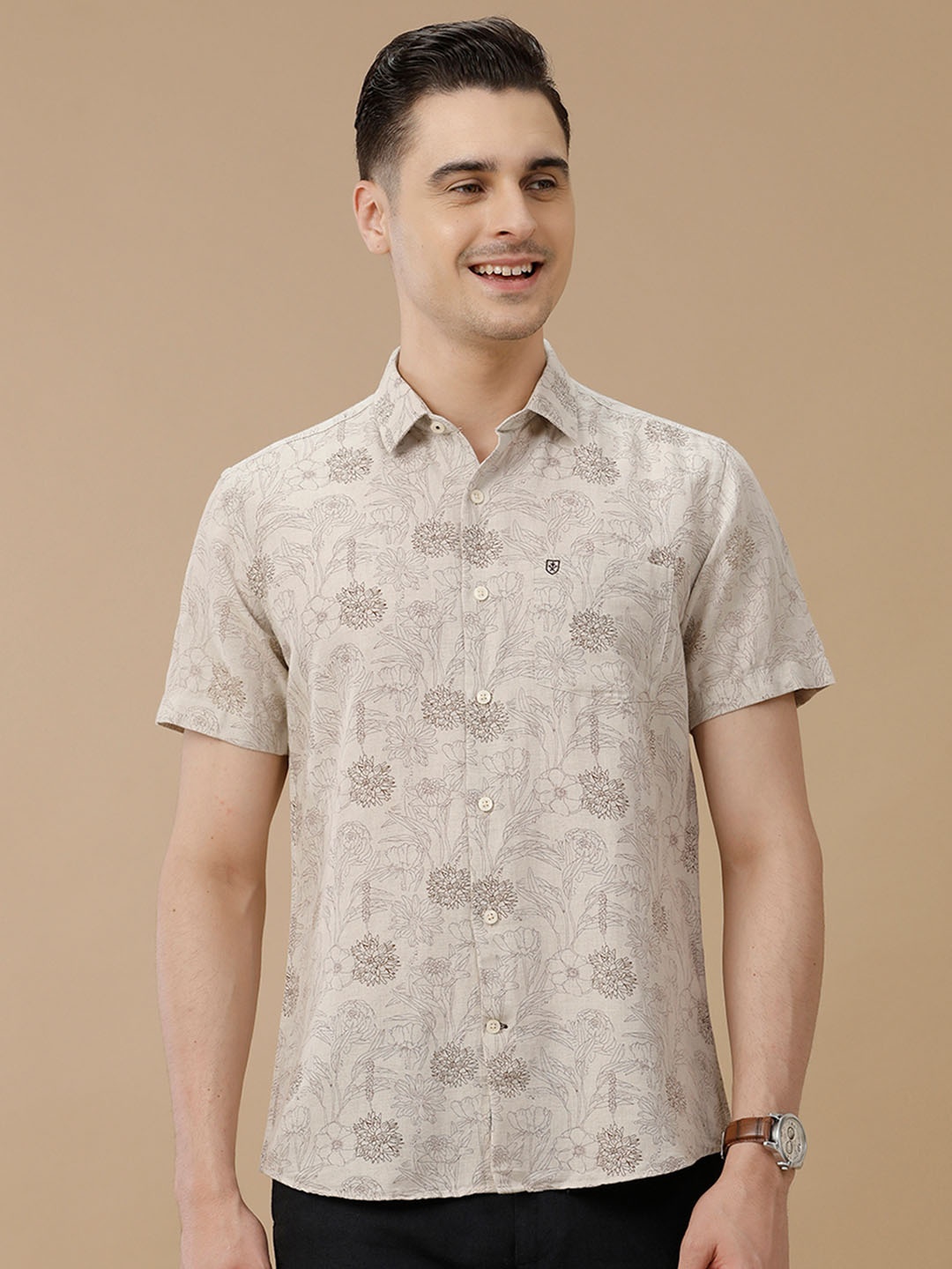 

Linen Club Men Contemporary Slim Fit Ethnic Printed Linen Shirt, Brown