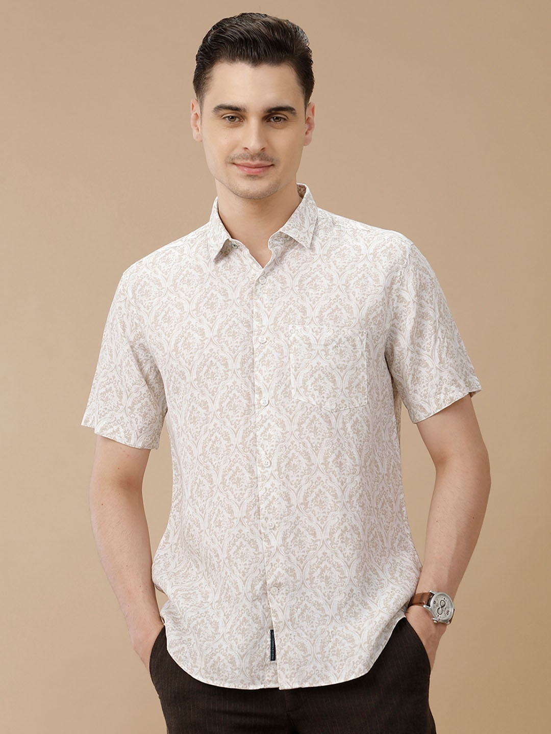 

Linen Club Men Contemporary Slim Fit Printed Casual Shirt, Brown