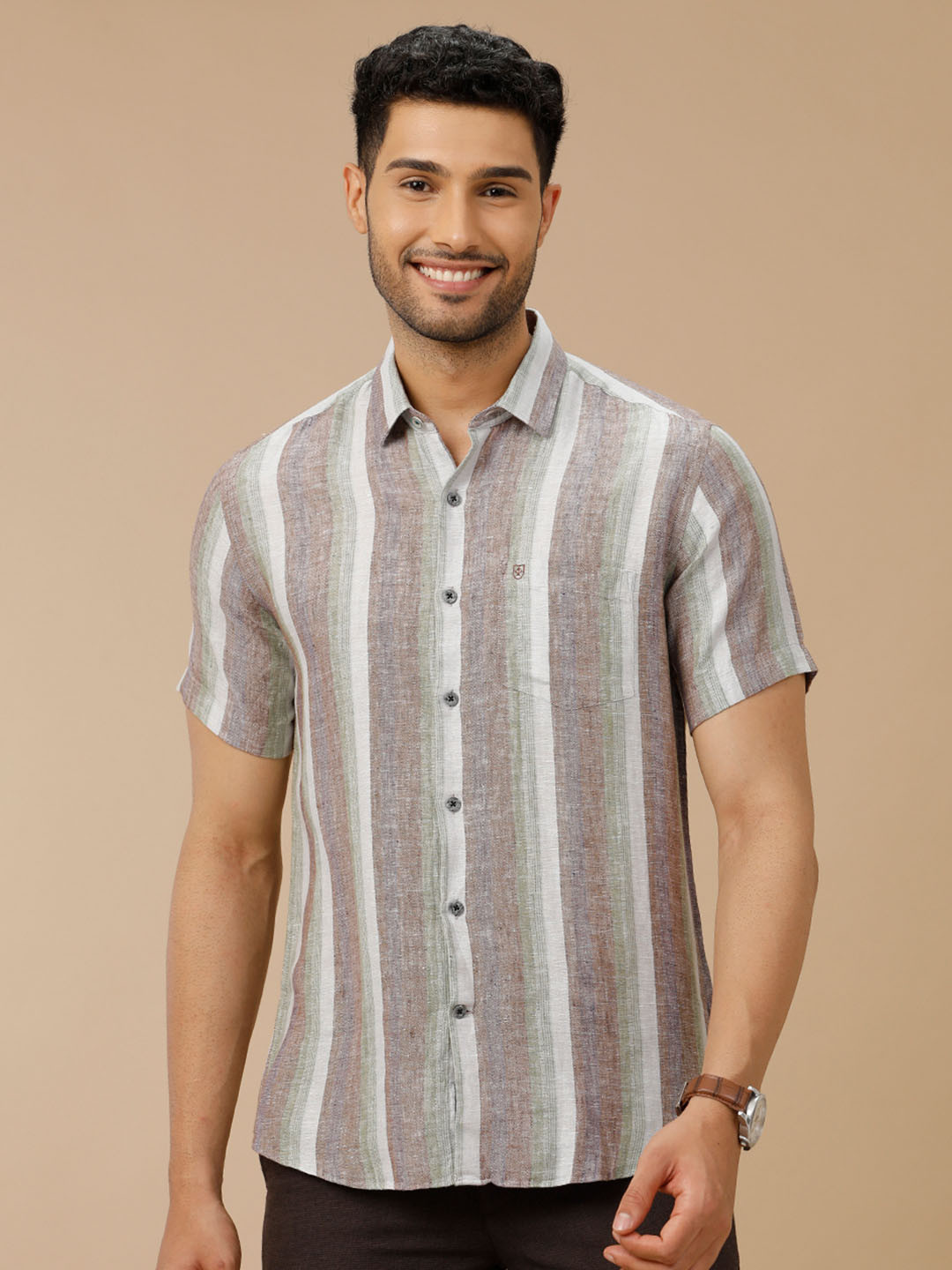 

Linen Club Men Contemporary Slim Fit Striped Opaque Linen Casual Shirt, Green