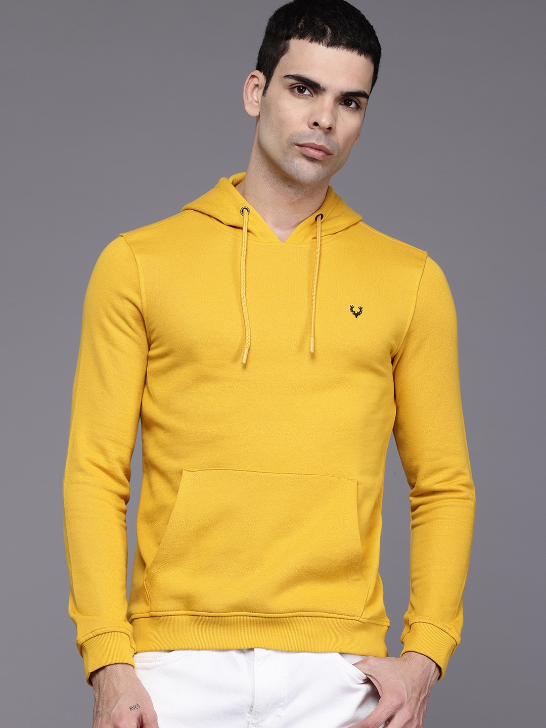 

Allen Solly Solid Hooded Sweatshirt, Mustard