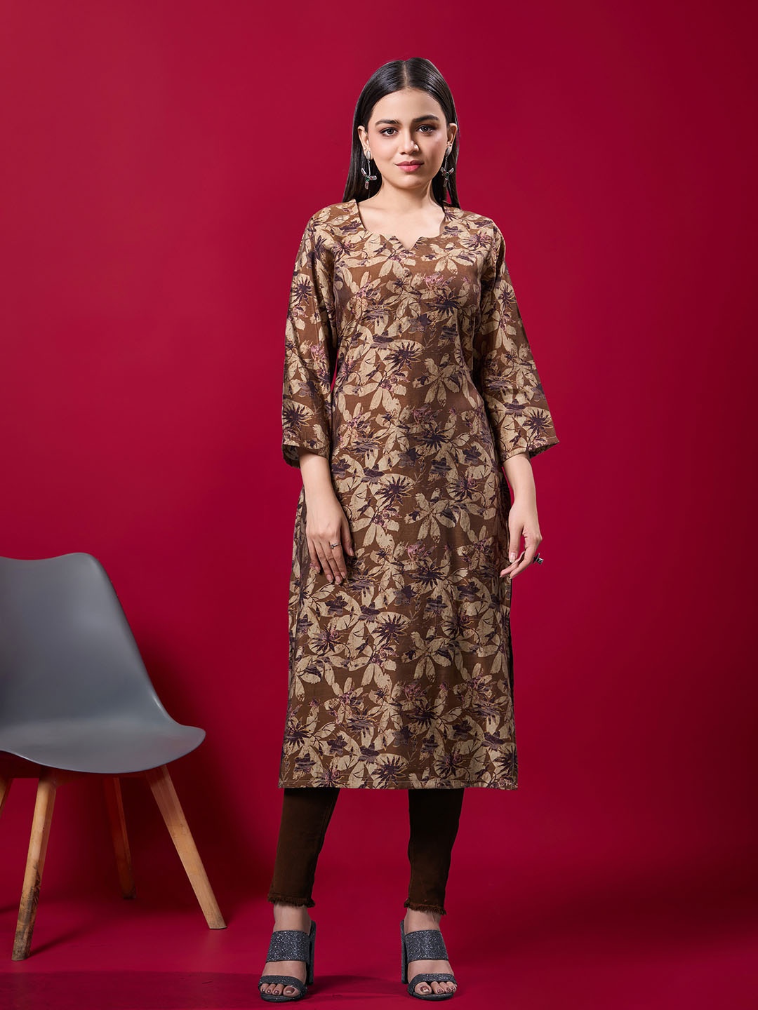 JDS LIFESTYLE Women Modal Floral Printed Kurta, Brown