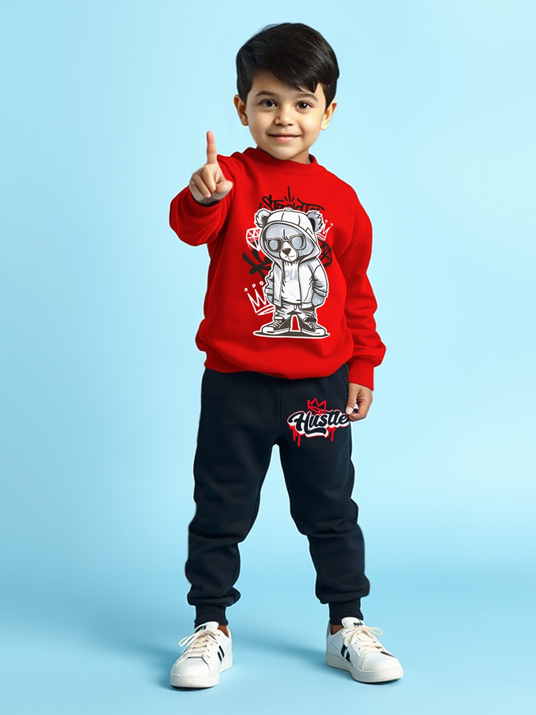 

YK X Trampoline Kids Graphic Printed Round Neck Tshirt With Trackpants, Red