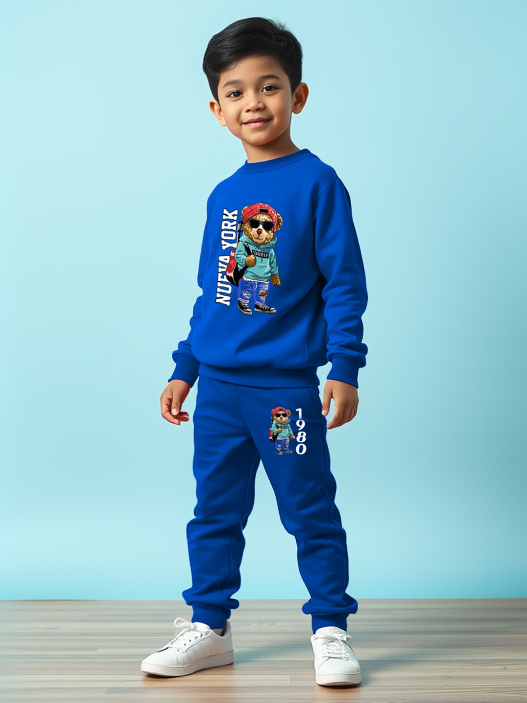 

YK X Trampoline Kids Graphic Printed Round Neck Tshirt With Trackpants, Blue