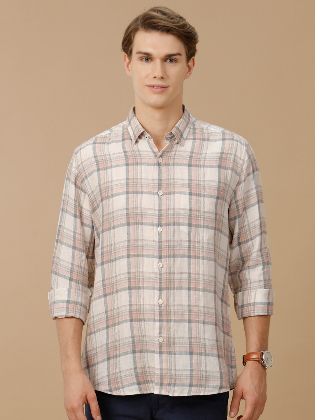 

Linen Club Men Contemporary Slim Fit Opaque Checked Pure Linen Casual Shirt, Pink