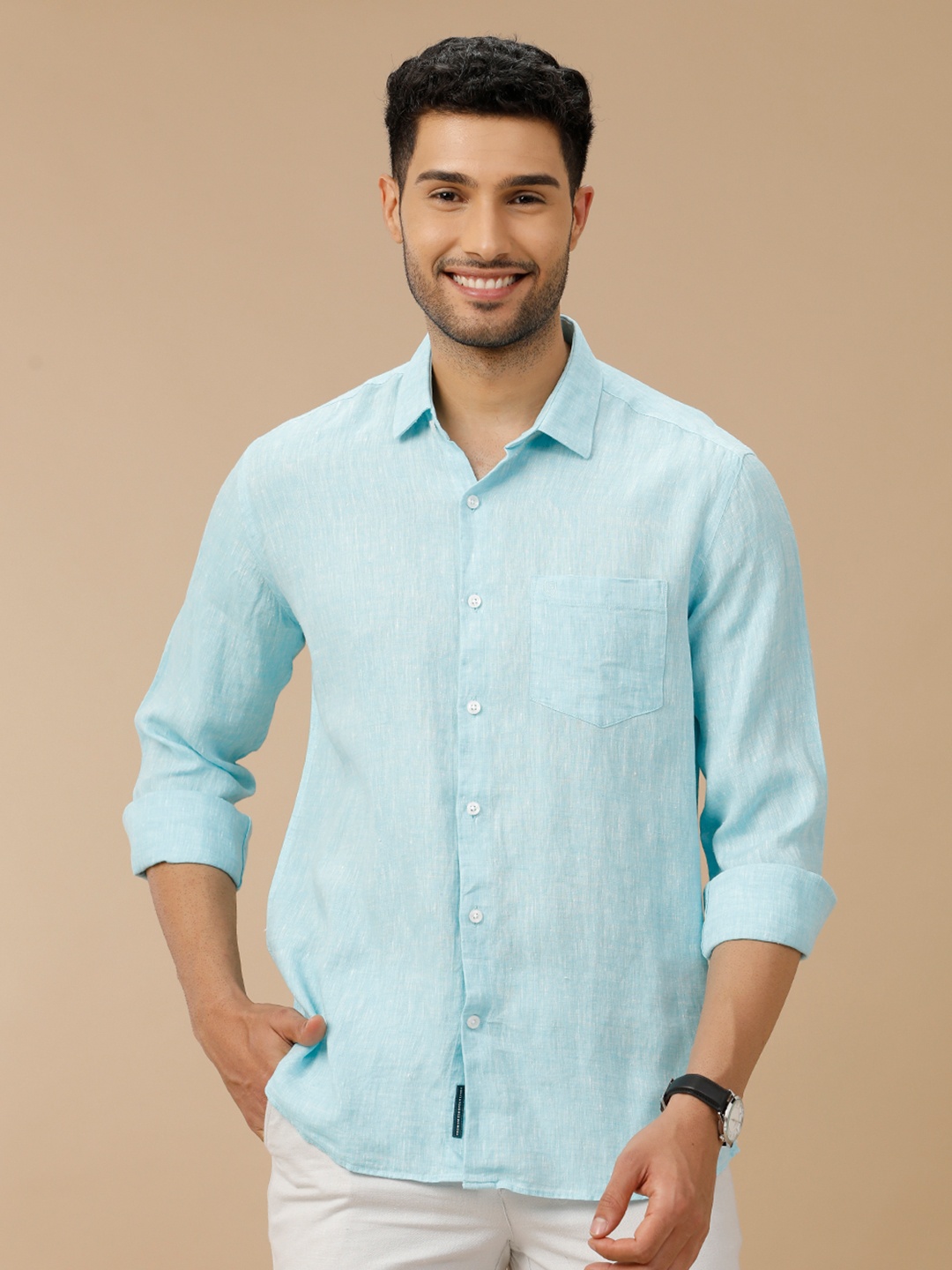 

Linen Club Men Contemporary Slim Fit Spread Collar Pure Linen Casual Shirt, Blue