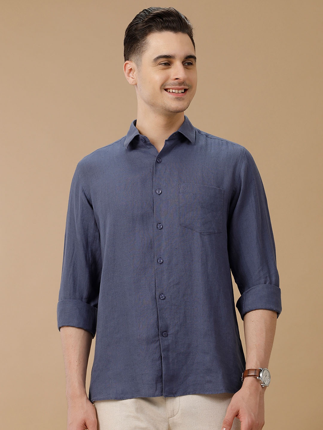 

Linen Club Men Contemporary Slim Fit Spread Collar Pure Linen Casual Shirt, Blue