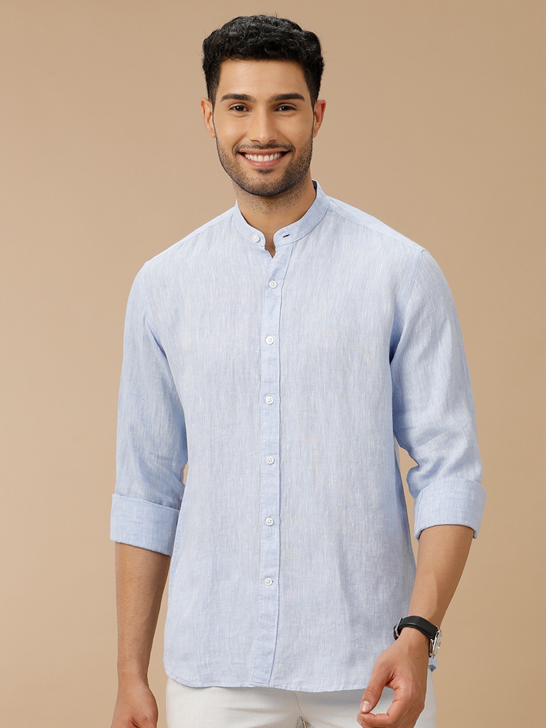 

Linen Club Men Contemporary Slim Fit Mandarin Collar Pure Linen Shirt, Blue
