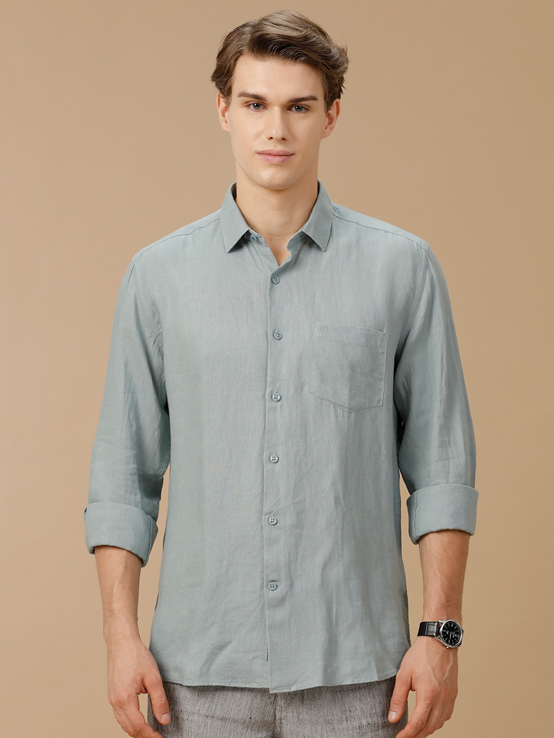 

Linen Club Men Contemporary Slim Fit Opaque Pure Linen Casual Shirt, Green