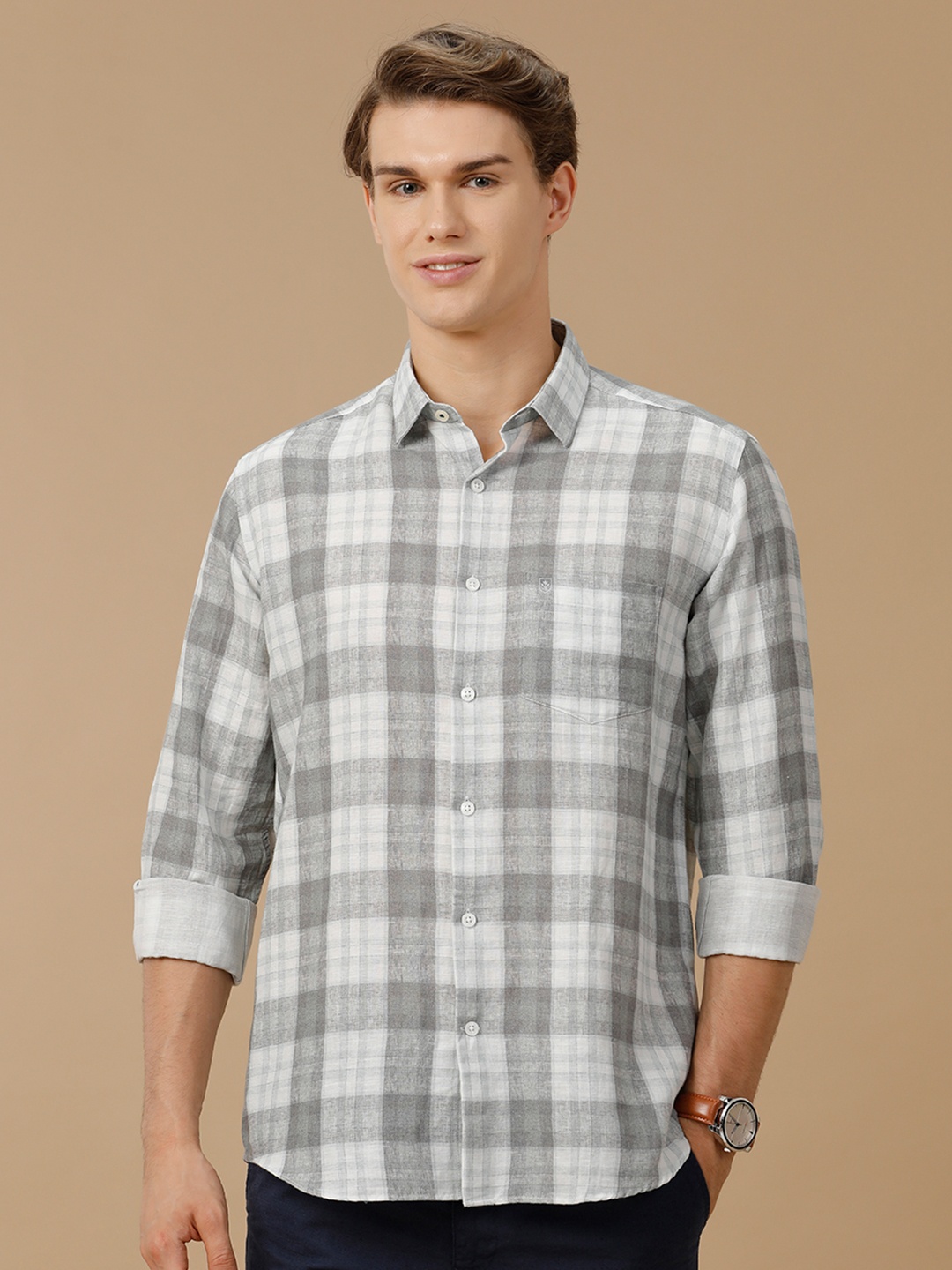 

Linen Club Men Contemporary Slim Fit Tartan Checks Opaque Checked Casual Shirt, Grey