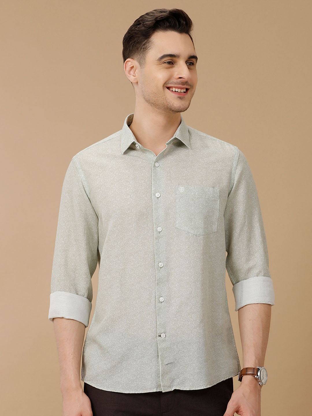 

Linen Club Men Contemporary Spread Collar Slim Fit Printed Shirt, Green
