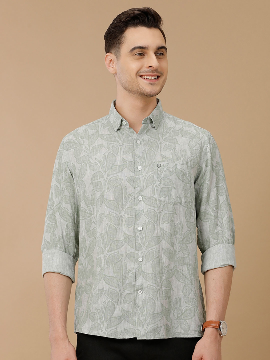 

Linen Club Men Contemporary Slim Fit Floral Opaque Printed Casual Shirt, Green