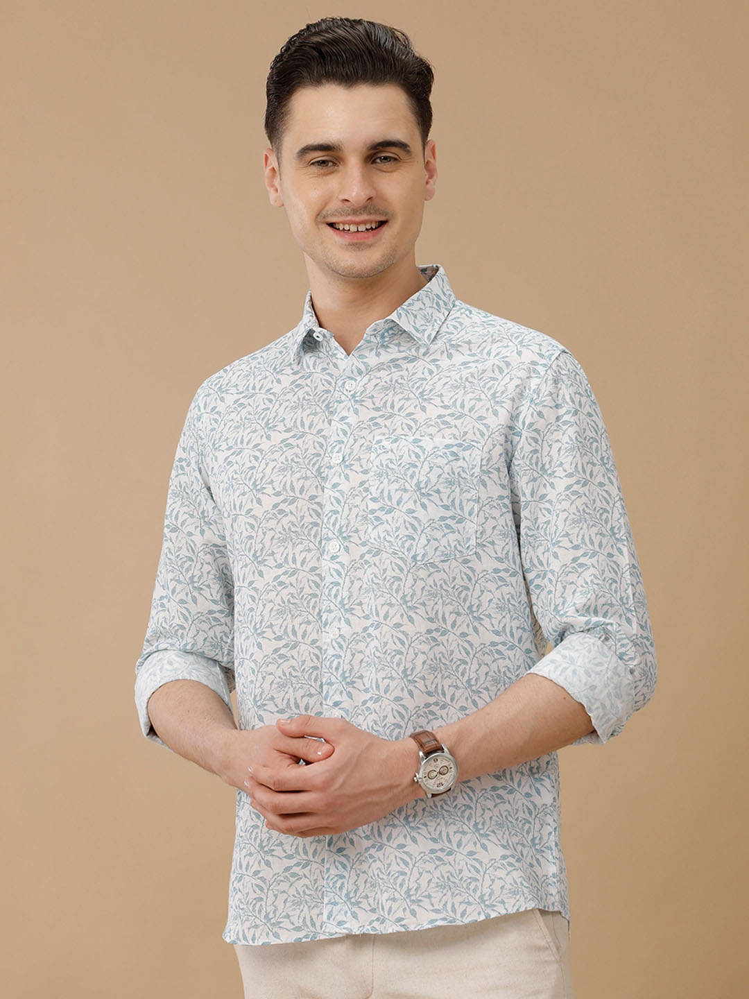 

Linen Club Men Contemporary Slim Fit Opaque Printed Casual Shirt, Blue