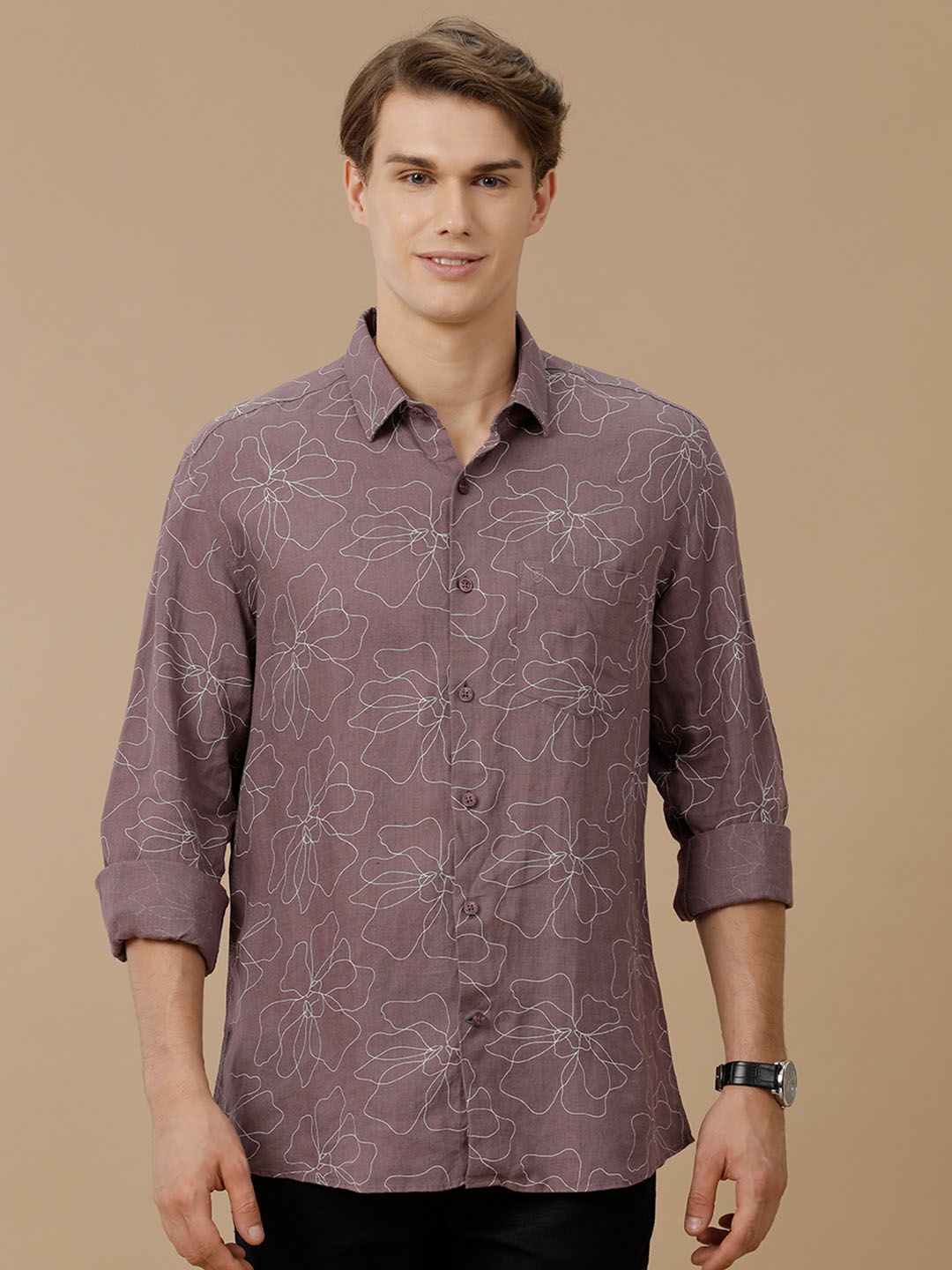 

Linen Club Men Contemporary Slim Fit Opaque Printed Pure Linen Casual Shirt, Purple