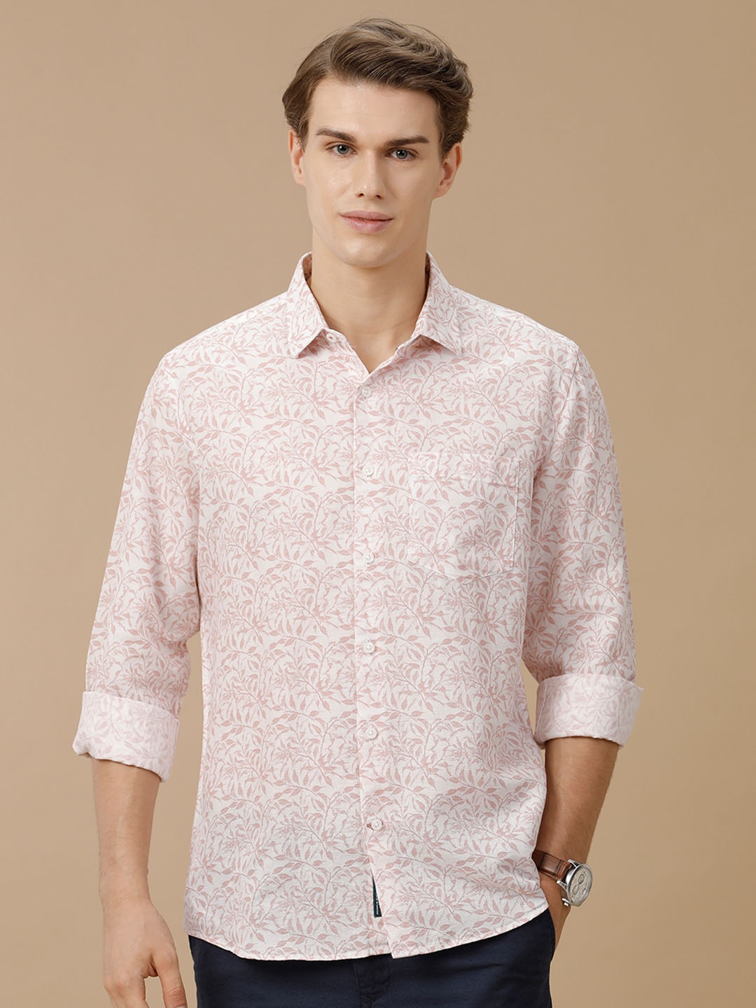 

Linen Club Men Contemporary Spread Collar Slim Fit Printed Shirt, Pink