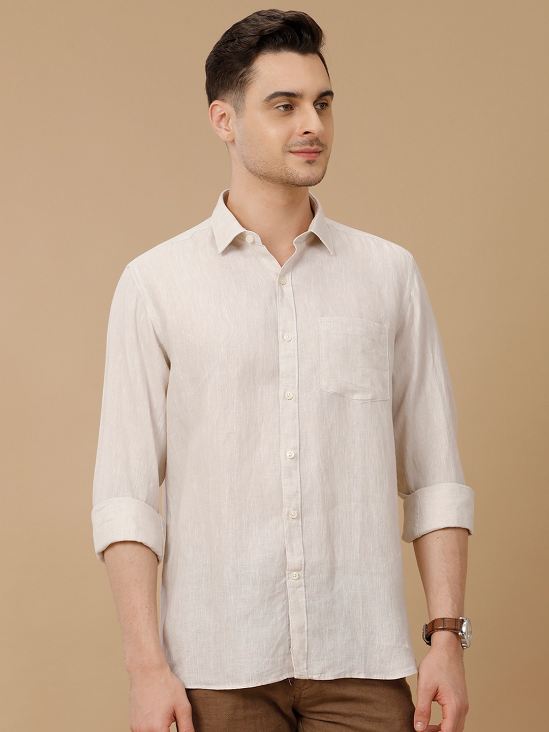 

Linen Club Men Contemporary Spread Collar Slim Fit Shirt, Beige