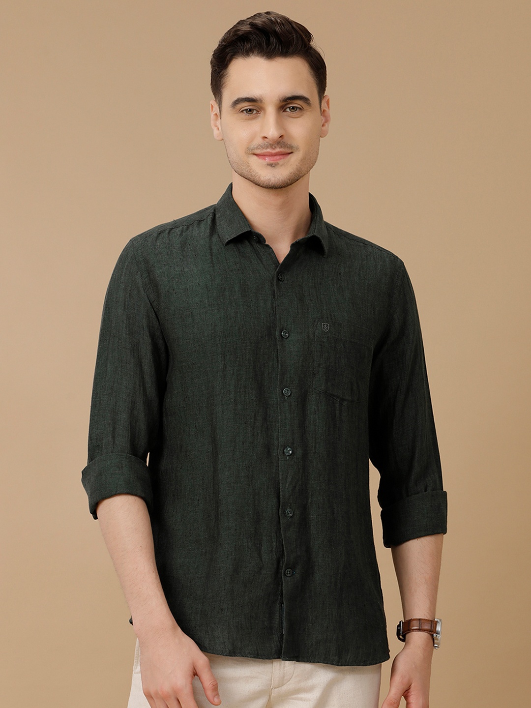 

Linen Club Men Contemporary Slim Fit Spread Collar Pure Linen Casual Shirt, Green