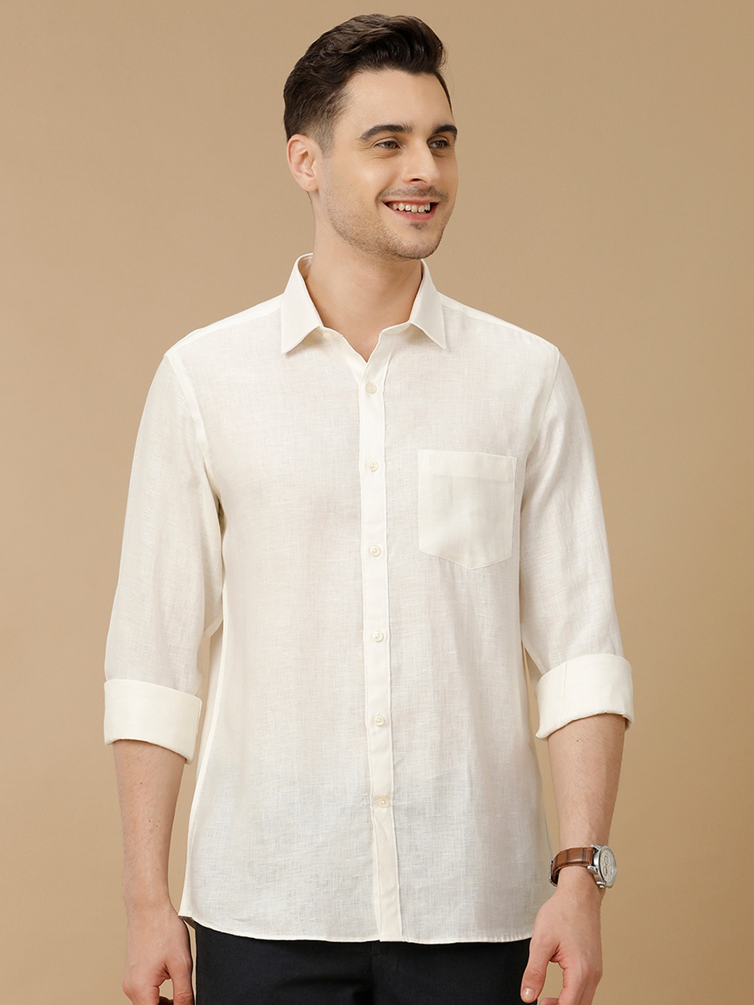

Linen Club Men Contemporary Slim Fit Spread Collar Pure Linen Casual Shirt, Off white