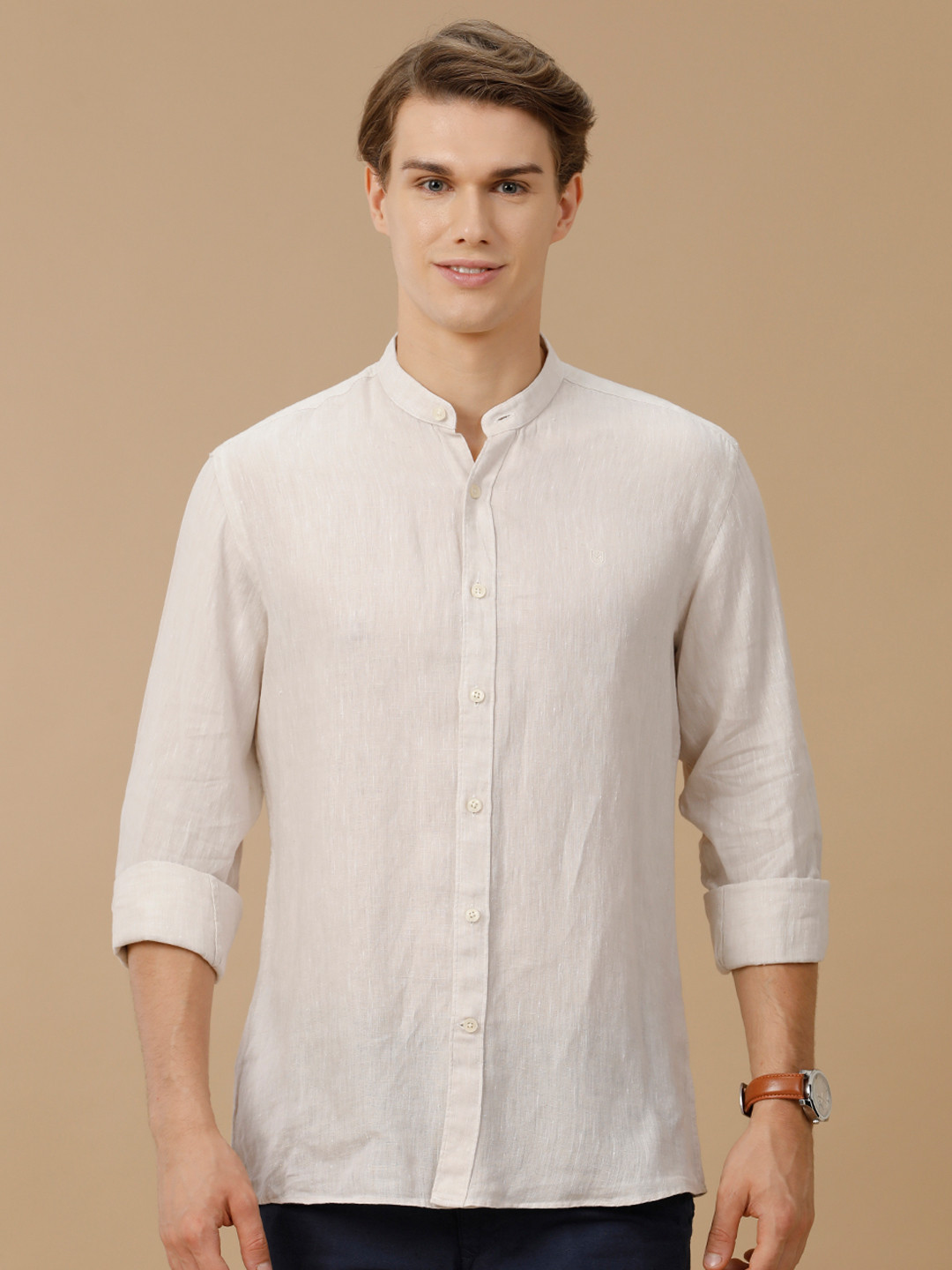 

Linen Club Men Contemporary Slim Fit Mandarin Collar Pure Linen Shirt, Beige