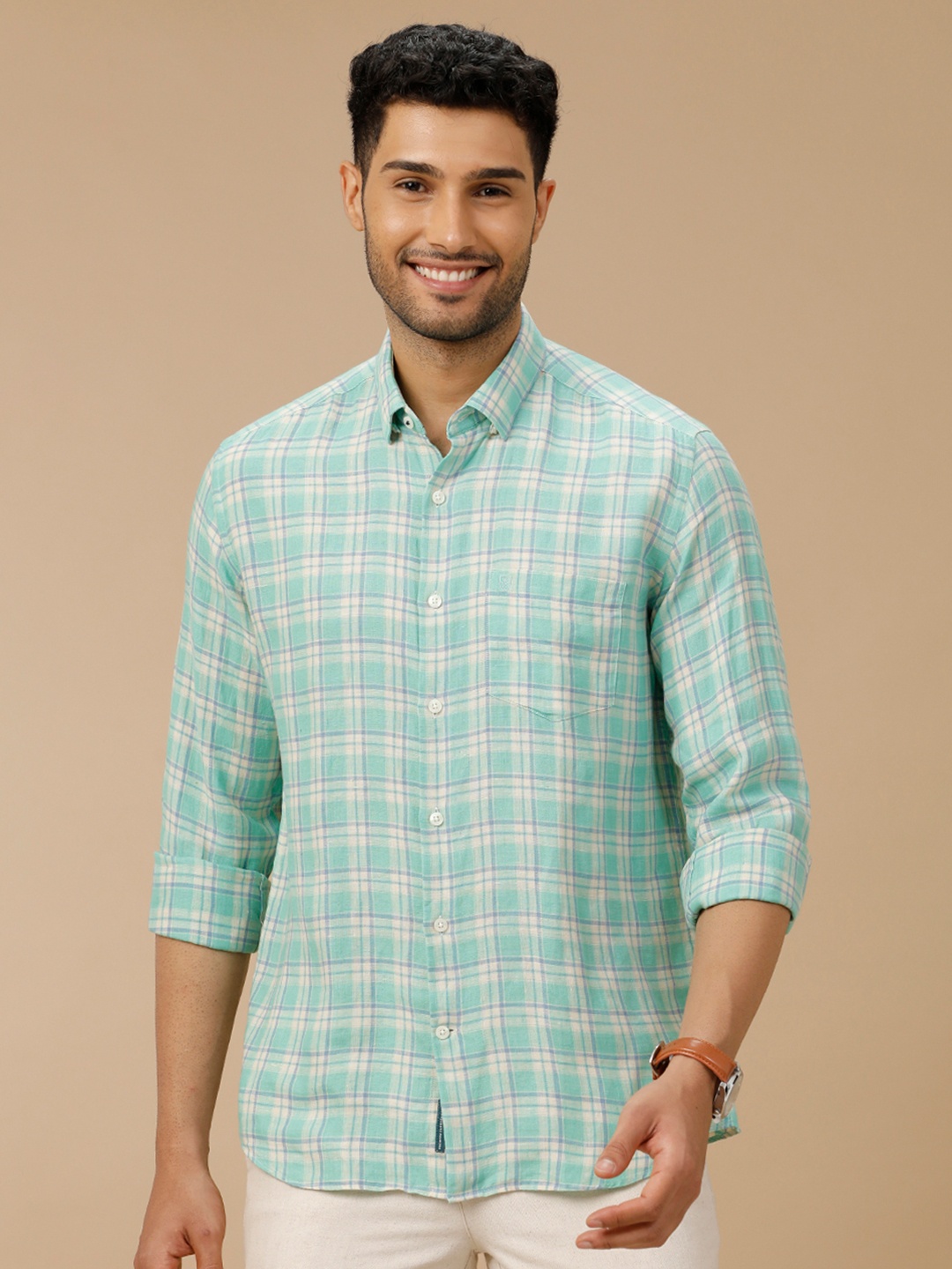 

Linen Club Men Contemporary Slim Fit Opaque Checked Casual Shirt, Green