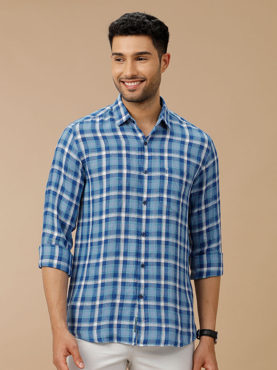 

Linen Club Men Contemporary Slim Fit Checked Opaque Linen Casual Shirt, Blue