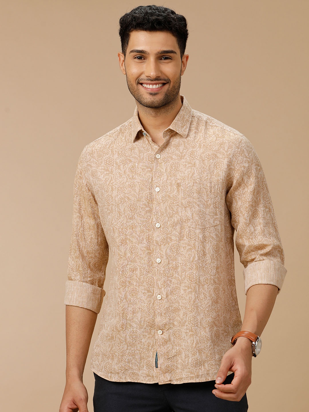 

Linen Club Men Contemporary Floral Printed Opaque Casual Shirt, Beige