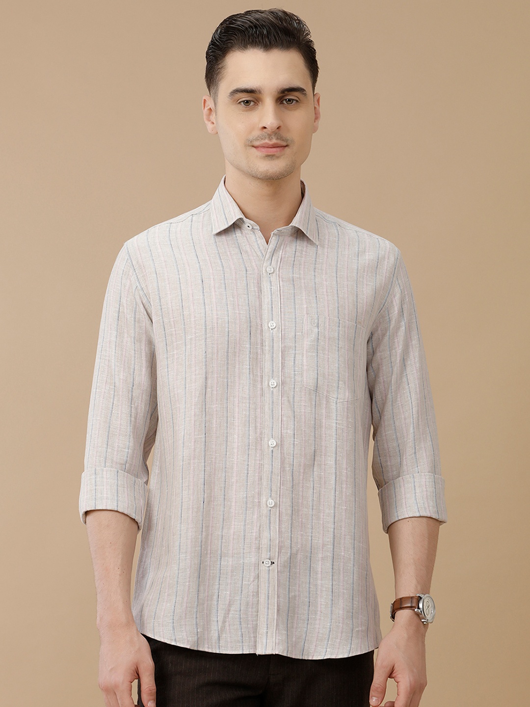 

Linen Club Men Contemporary Slim Fit Striped Opaque Linen Casual Shirt, Beige