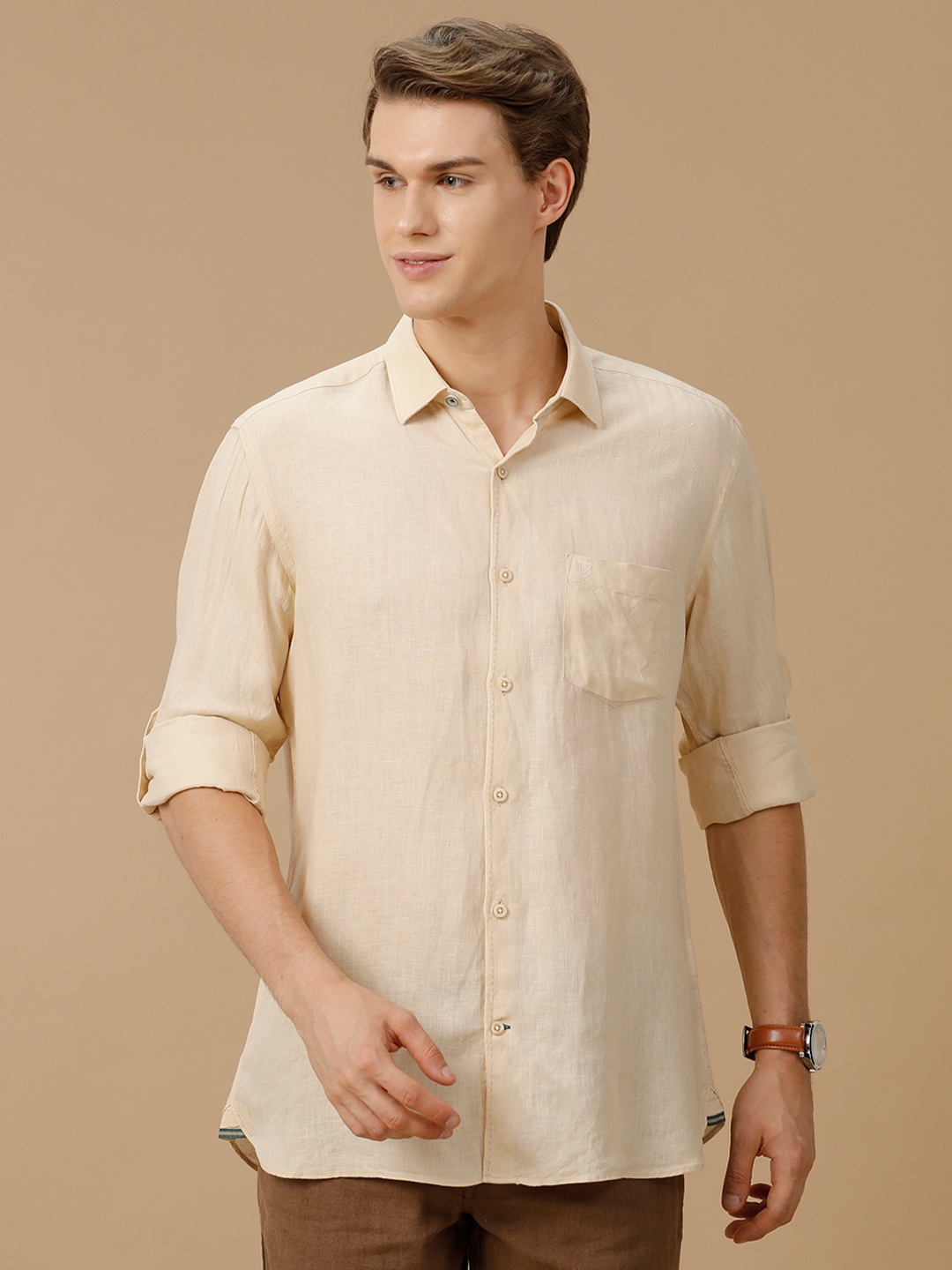 

Linen Club Men Contemporary Slim Fit Opaque Pure Linen Casual Shirt, Beige