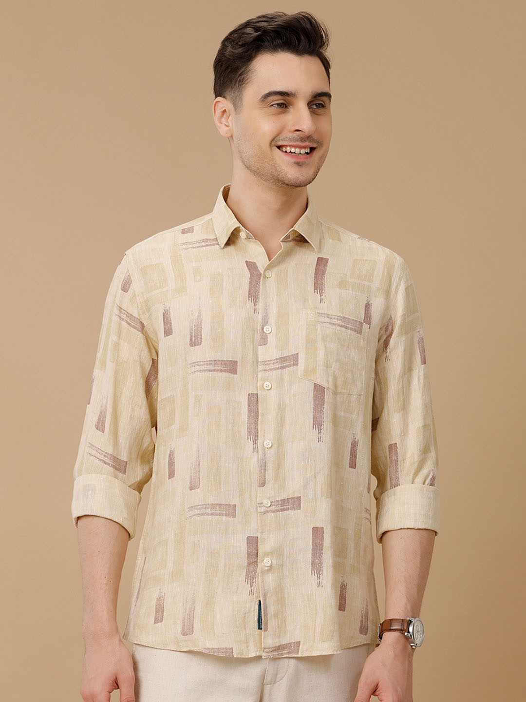 

Linen Club Men Contemporary Slim Fit Opaque Printed Pure Linen Casual Shirt, Beige