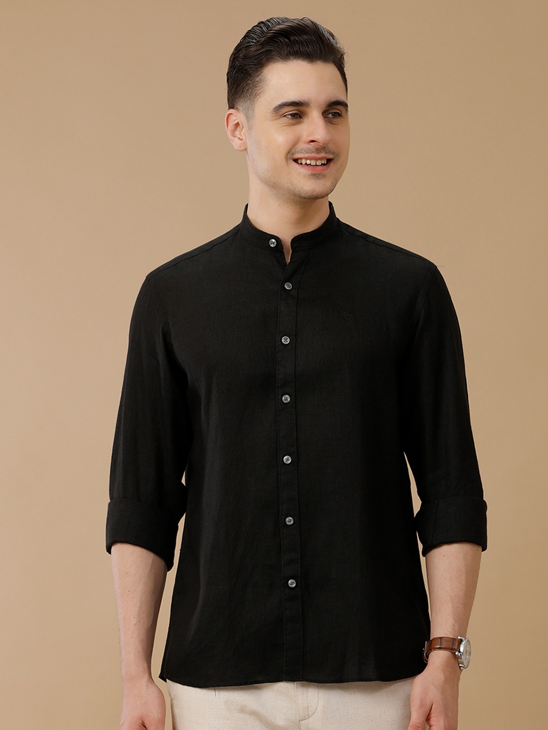 

Linen Club Men Contemporary Slim Fit Solid Opaque Linen Casual Shirt, Black