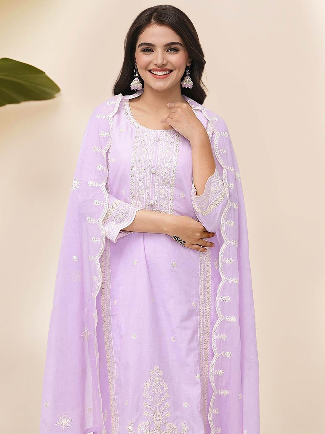 

Ishin Ethnic Motifs Embroidered Pure Cotton Straight Kurta With Trousers & Dupatta, Lavender