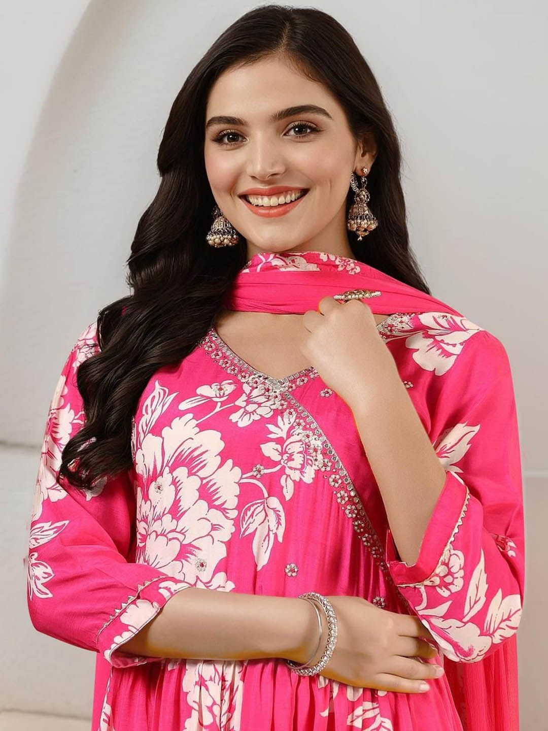 

Ishin Floral Printed Pure Cotton A-Line Kurta With Trousers & Dupatta, Pink