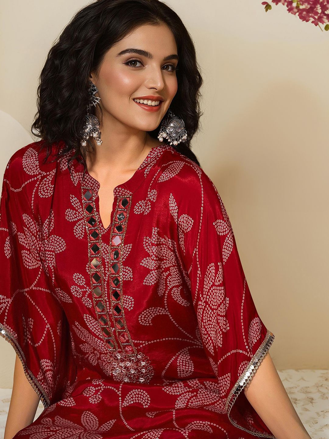 

Ishin Floral Printed Mandarin Collar Mirror Work Kaftan Kurta With Dhoti Pants, Red