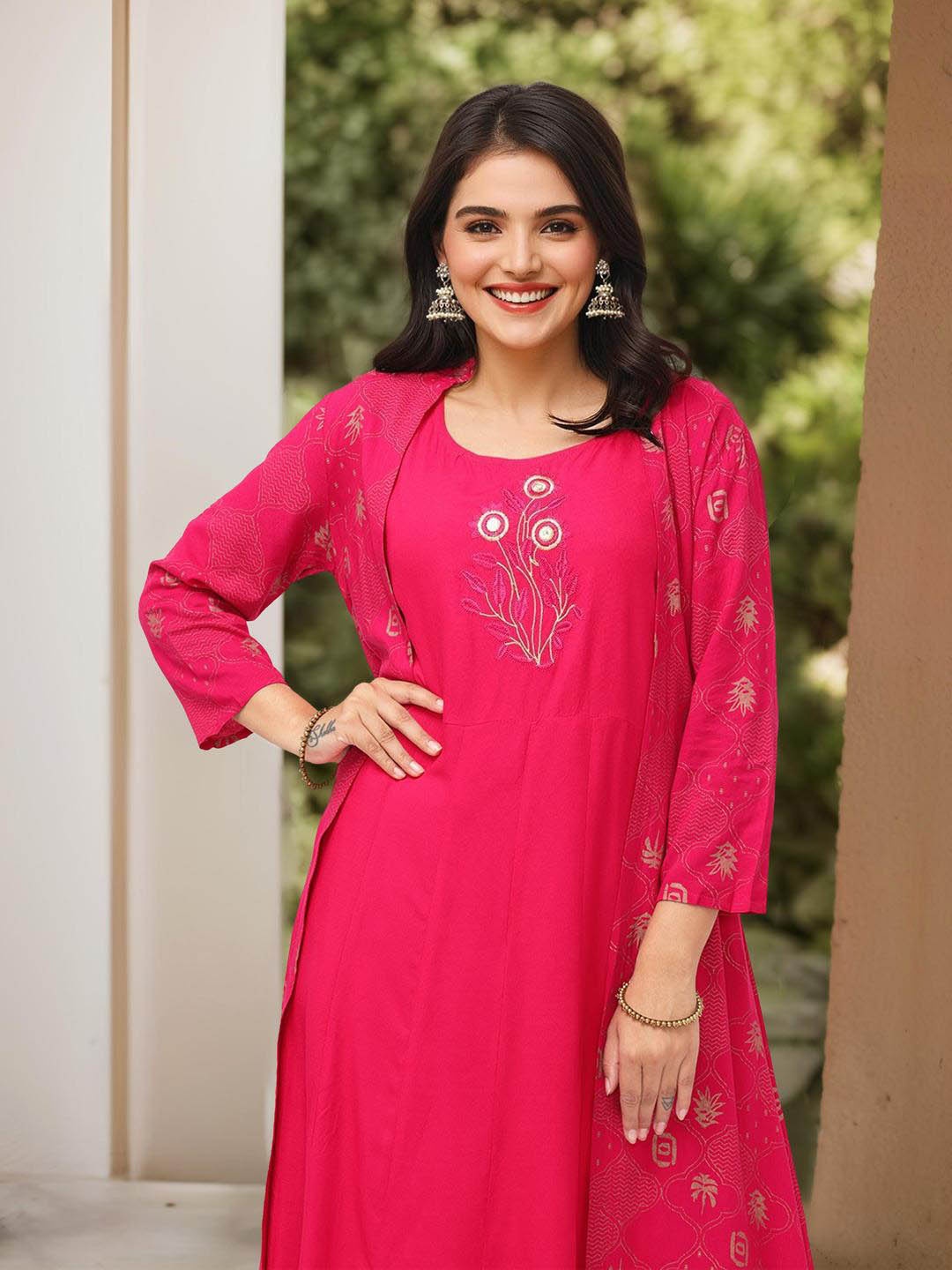 

Ishin Ethnic Motifs Printed Thread Work Pure Cotton A-Line Kurta With Trousers, Pink