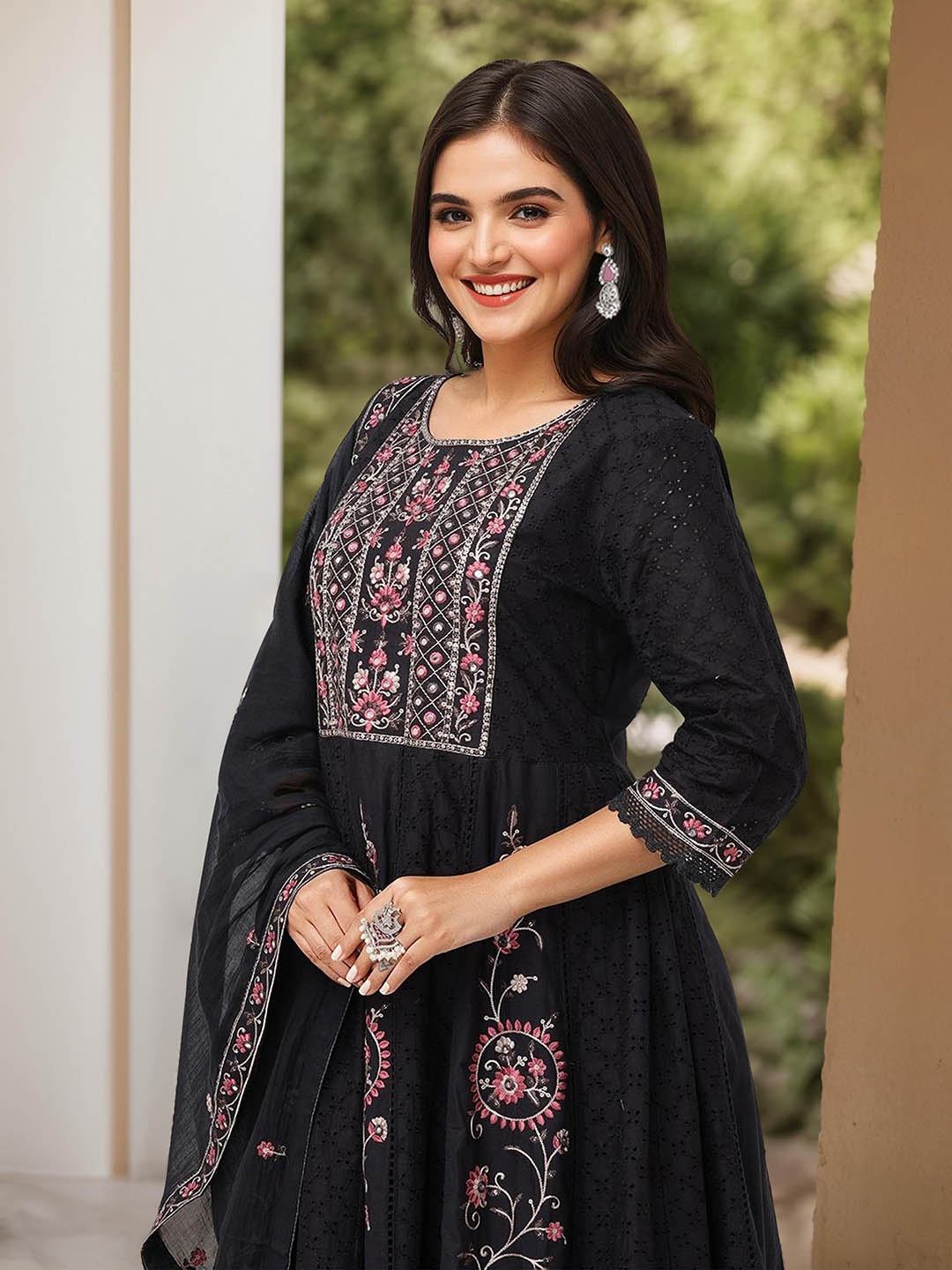 

Ishin Ethnic Motifs Embroidered Pure Cotton A-Line Kurta With Trousers & Dupatta, Black