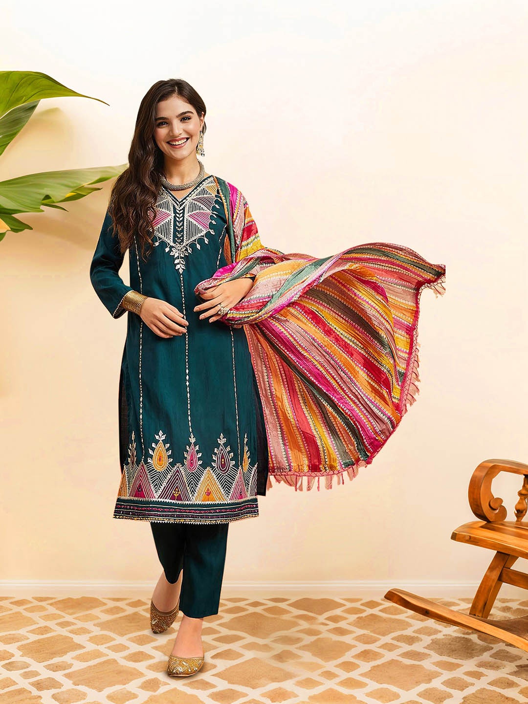 

Ishin Ethnic Motifs Embroidered Pure Cotton Straight Kurta with Trousers & Dupatta, Teal