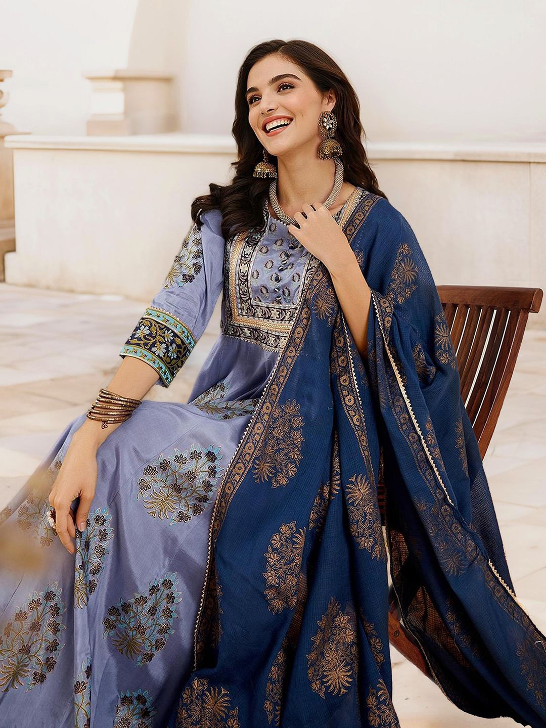 

Ishin Women Ethnic Motifs Print A-Line Maxi Dress, Blue