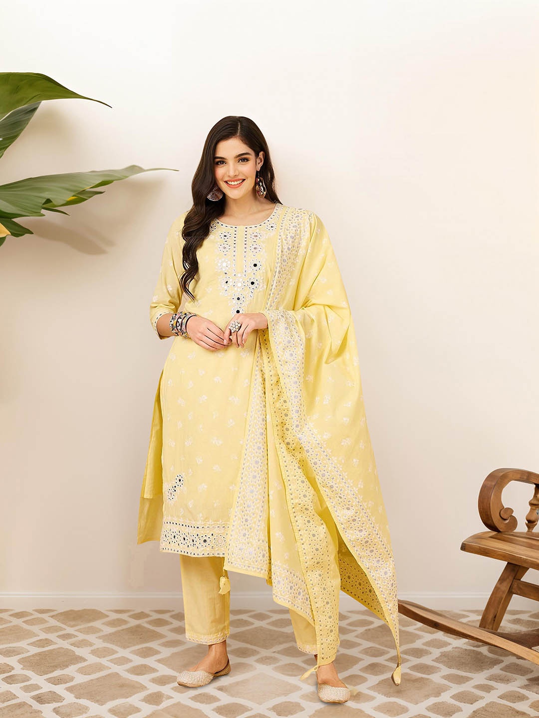 

Ishin Ethnic Motifs Embroidered Pure Cotton Straight Kurta with Trousers & Dupatta, Yellow