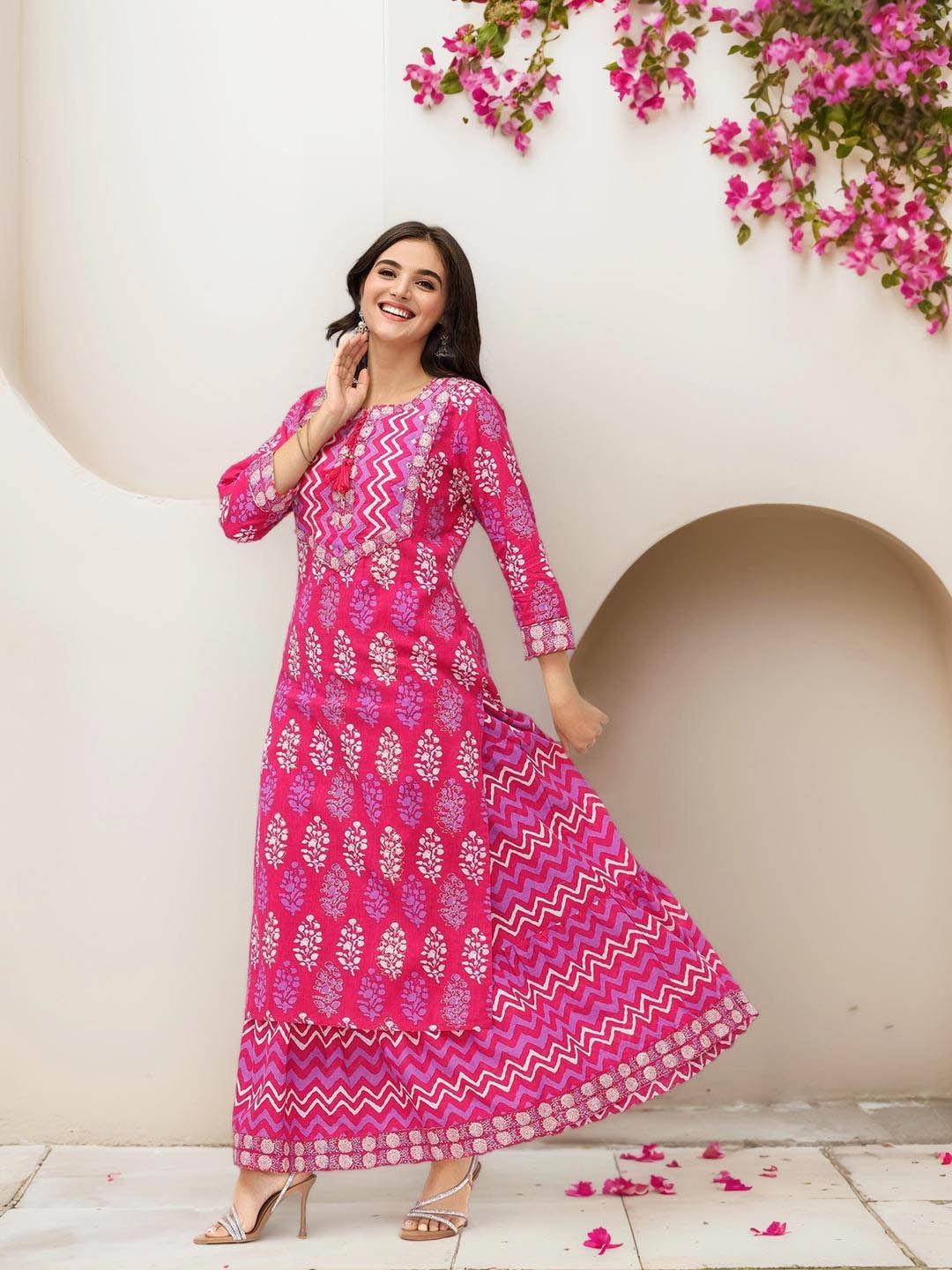 

Ishin Ethnic Motifs Printed Thread Work Pure Cotton Straight Kurta With Skirt, Pink