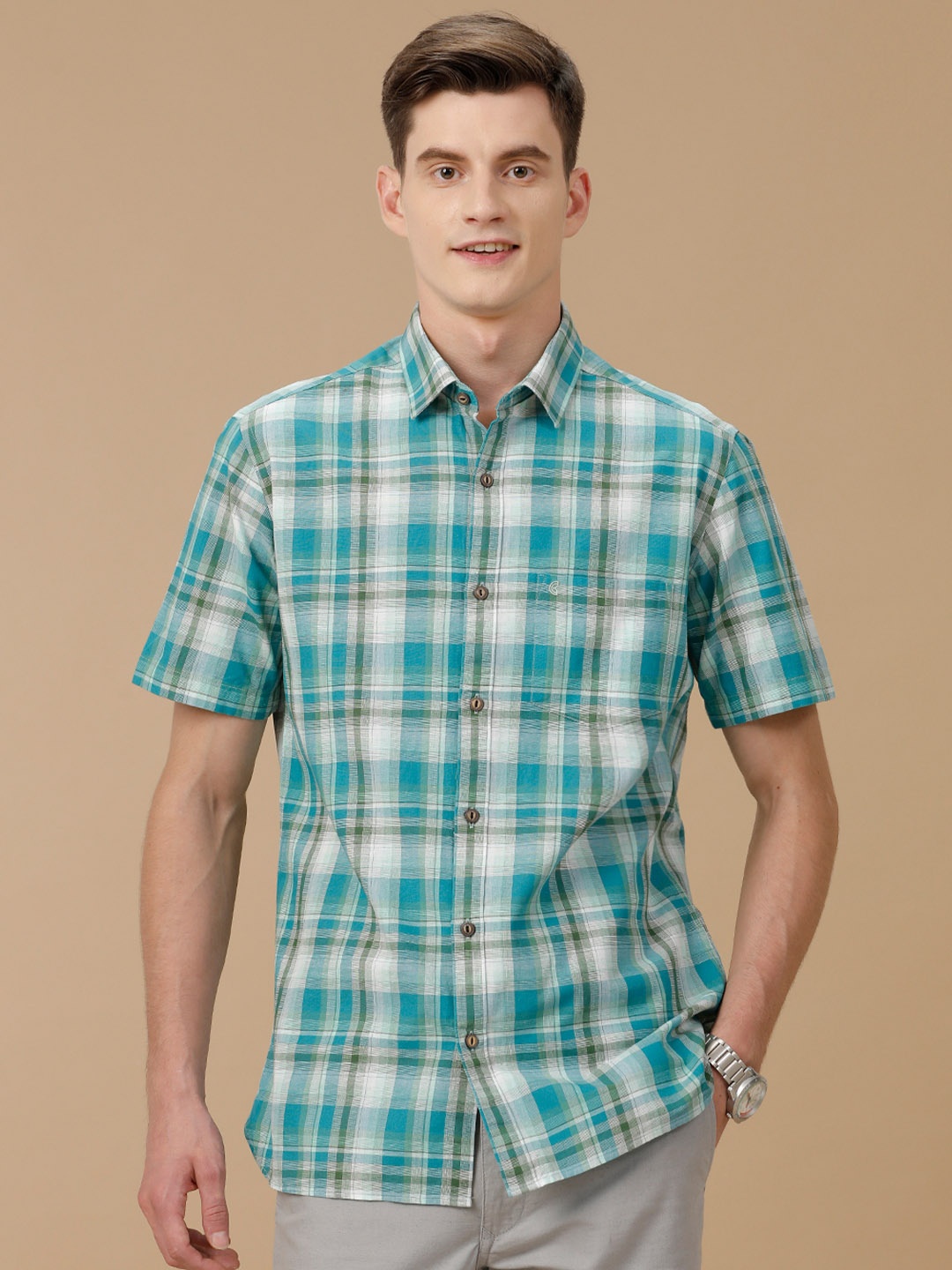 

CAVALLO by Linen Club Men Contemporary Checked Opaque Casual Shirt, Sea green