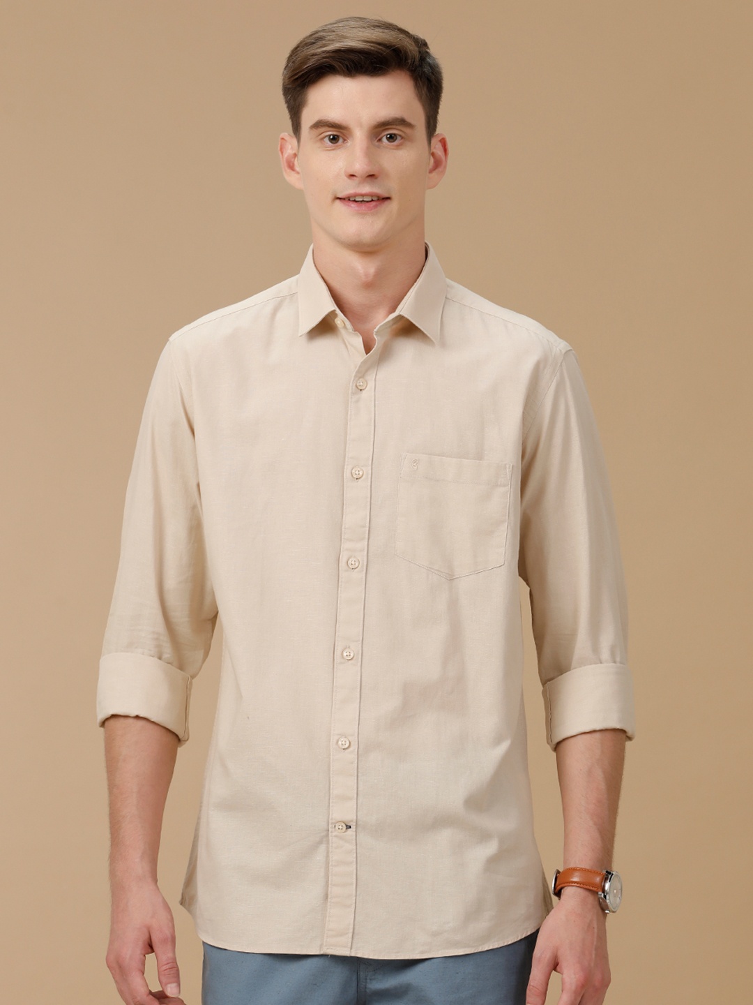 

CAVALLO by Linen Club Men Contemporary Slim Fit Opaque Casual Shirt, Beige