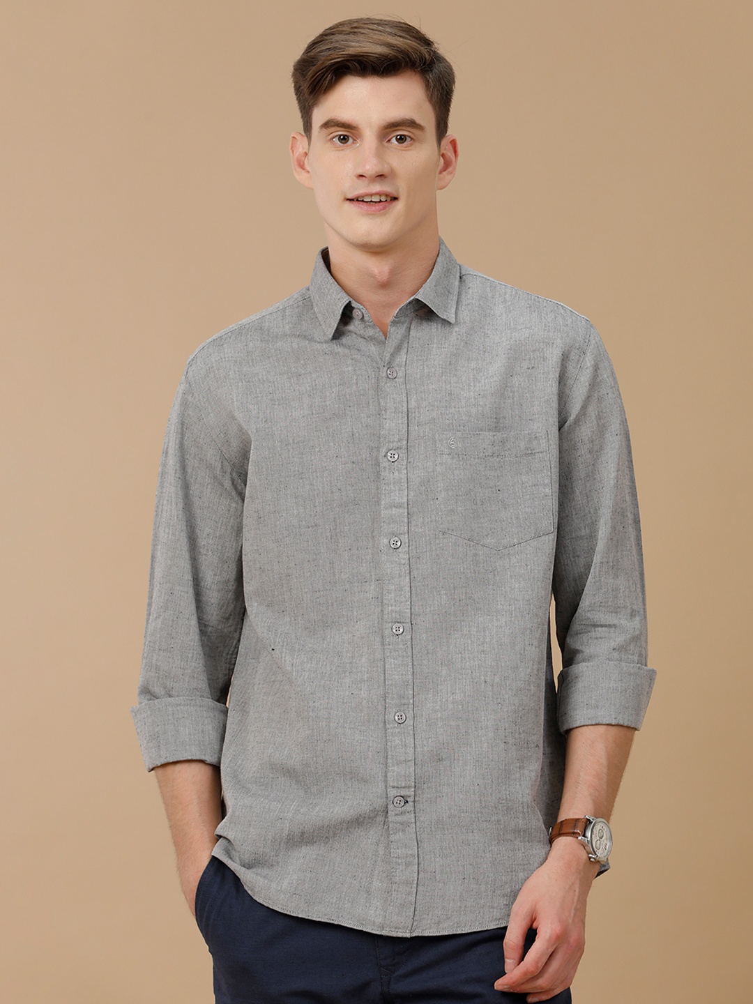 

CAVALLO by Linen Club Men Contemporary Spread Collar Slim Fit Casual Shirt, Grey