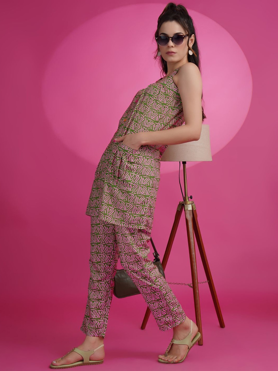 

KALINI Geometric Printed Square Neck Top With Trousers, Green