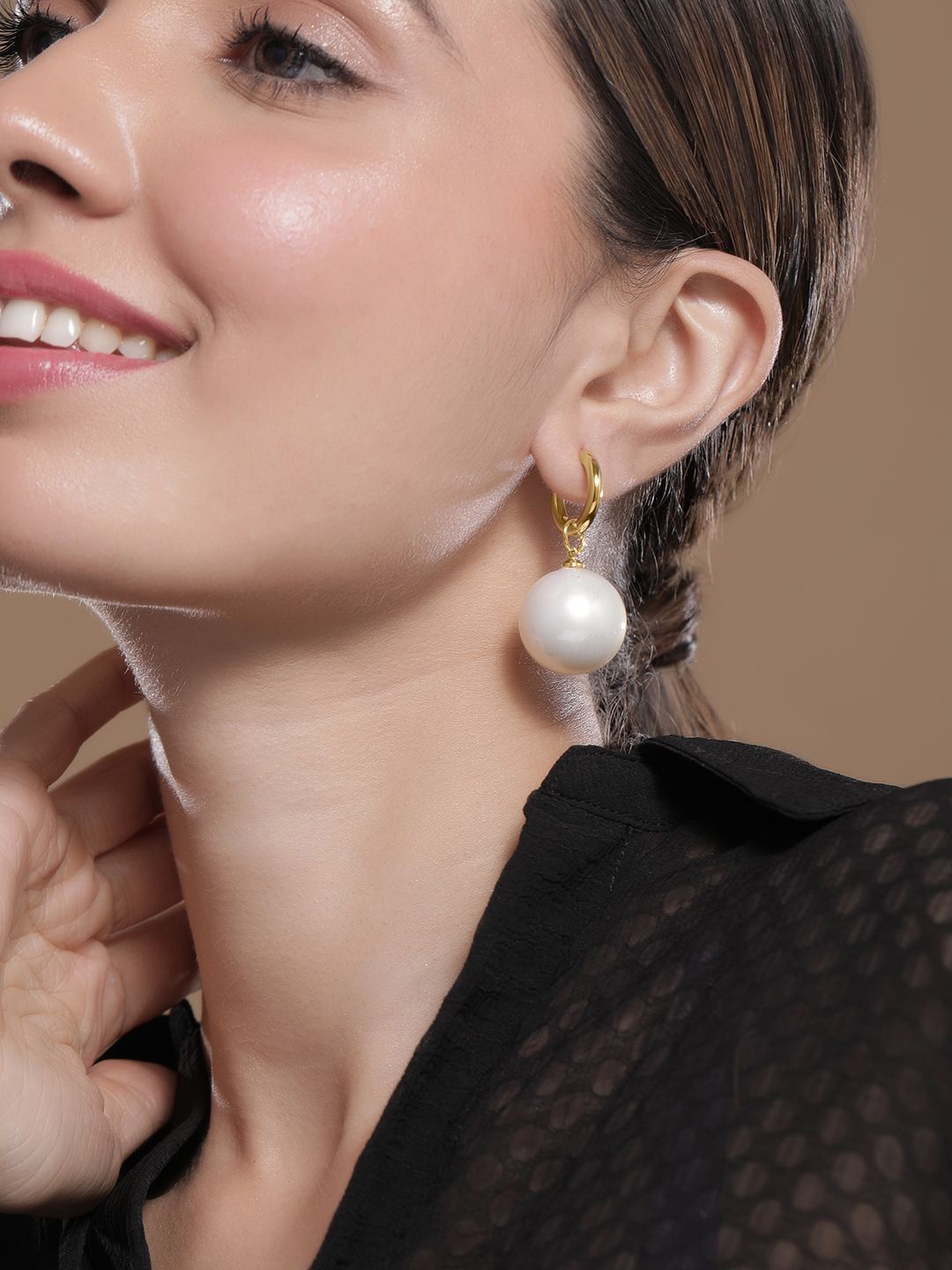 

Rubans 18K Gold Plated Hoop Earrings with Oversized Cream Pearl Drops