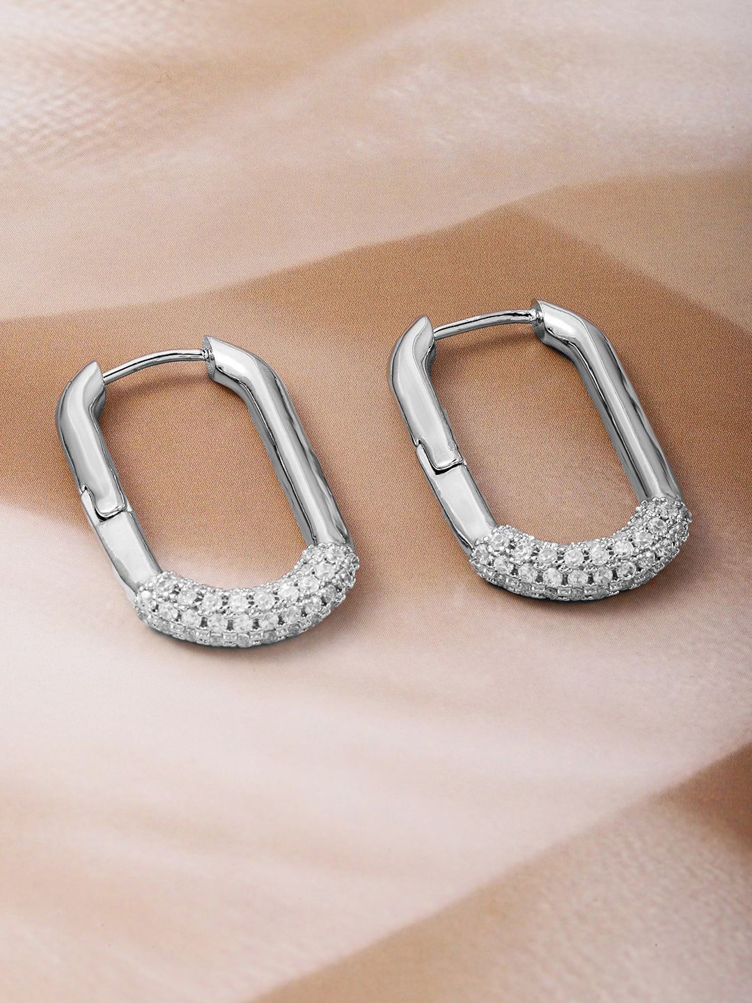 

Rubans Rhodium Plated Rectangular Hoop Earrings with Cubic Zirconia Accents, Silver