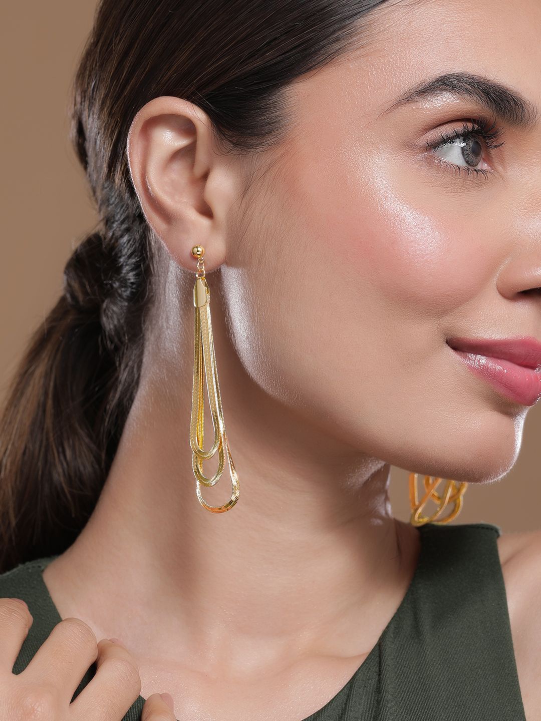 

Rubans 18K Gold Plated Multi-Layered Long Dangle Earrings with Teardrop Design