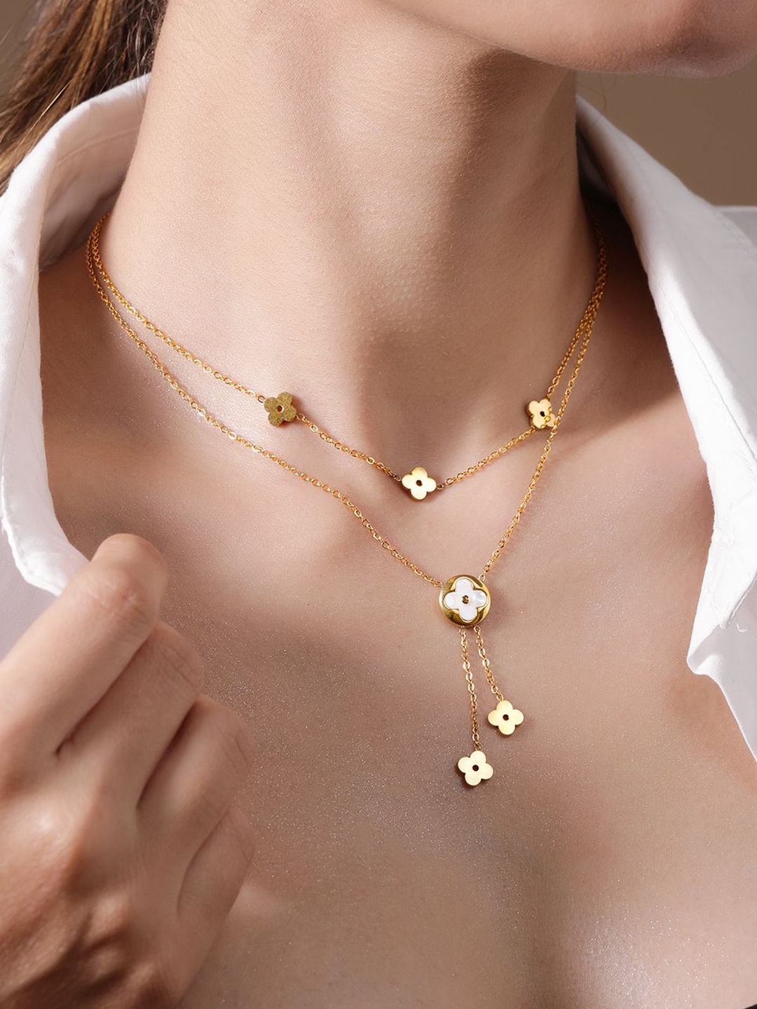 

Rubans 18K Gold Plated Stainless Steel Demi-Fine Floral Layered Necklace